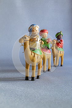 Close-up of figures of the Three Wise Men from the East Christmas concept and tradition.