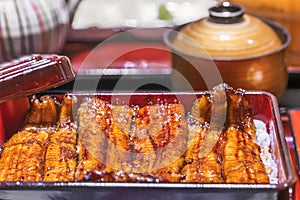 Close-up on fillets of japanese unagi eel grilled in a kabayaki style in a food box