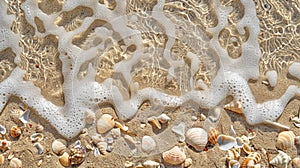 close-up of the fine, golden beach sand revealing minute features such as tiny shells, stones, and wave patterns