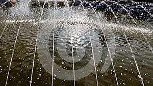 Close-up of fine jets of water coming out of a fountain into a pond with clean water photo