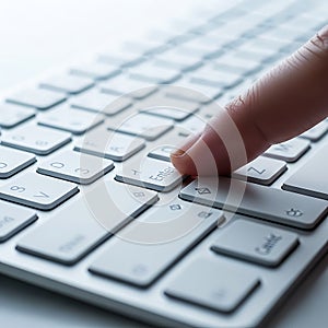 Close up of a finger pressing a key on a white computer keyboard