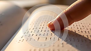 Close up of finger reading braille text on open book page
