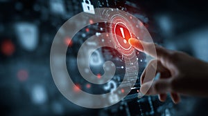 A Close-Up of a Finger Touching a Warning Symbol on a Modern Digital Interface with Security and Data Elements