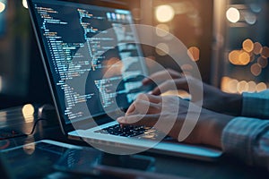 Closeup of a fintech developer coding blockchain solutions for financial services on a laptop
