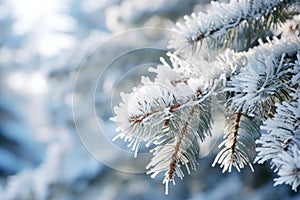 Close up of fir tree branches covered with melting snow and icicles in morning winter forest