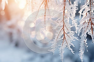 Close up of fir tree branches covered with melting snow and icicles in morning winter forest