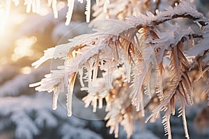 Close up of fir tree branches covered with melting snow and icicles in morning winter forest