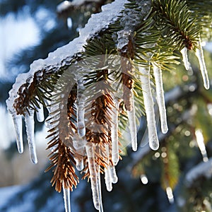 Close up of fir tree branches covered with melting snow and icicles in morning winter forest. Real spring, winter