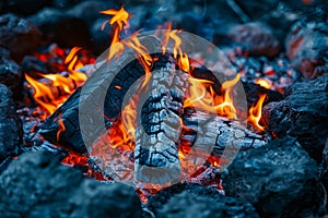 A close up of a fire burning in a pile of charcoal. Generative AI