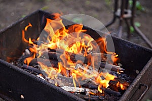 Close up of fire on chargrill. Dry sticks smoulder. Concept of cooking on grill