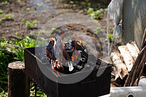 Close up of fire on chargrill. Dry sticks smoulder. Concept of cooking on grill