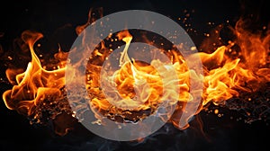 A close up of a fire and flames on black background, AI