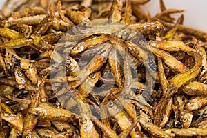 Close up of fire fried small fish for sale at the international street food festival