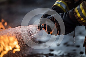 close-up of firefighter& x27;s hand, dousing flames with water from hose