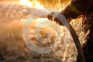 Close-up of a firefighter's hands holding a fire hose, spraying water with great force to extinguish a fire.