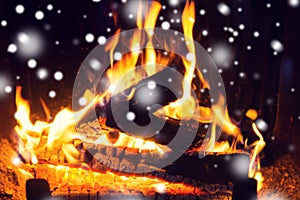 Close up of firewood burning in fireplace and snow