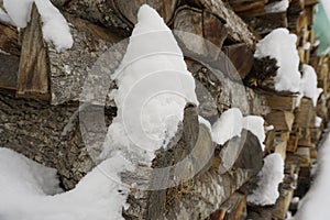 Close up of firewood with snow