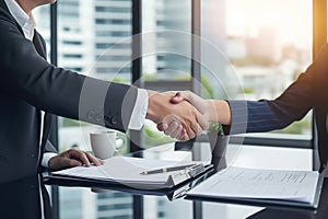 Close-up of firm handshake between business professionals in modern office