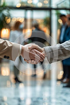 Close-Up of a Firm Handshake Between Two Individuals in an Office Environment