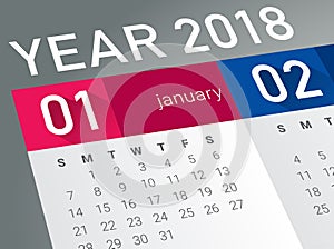 Close up of first day of the year 2018 on diary calendar.