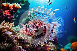Close Up of a Fish in an Aquarium, Colorful Marine Life in Enclosed Environment, Tropical lionfish swimming near coral reefs,