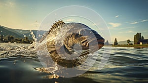 Close up of fish black bass (Micropterus salmoides) jumping from water with bursts in high mountain clean lake or river