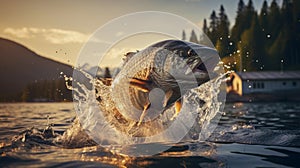 Close up of fish marble trout jumping from the water with bursts in high mountain clean lake or river, at sunset or dawn