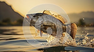 Close up of fish marble trout jumping from the water with bursts in high mountain clean lake or river, at sunset or dawn