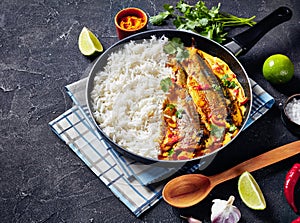 Close-up of fish yellow curry, top view