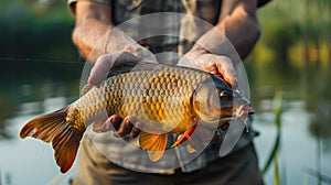 close-up of a fisherman holding a carp in his hands. Selective focus