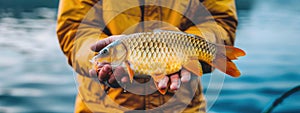 close-up of a fisherman holding a carp in his hands. Selective focus