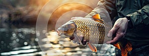 close-up of a fisherman holding a carp in his hands. Selective focus