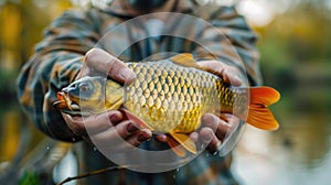 close-up of a fisherman holding a carp in his hands. Selective focus