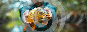 close-up of a fisherman holding a carp in his hands. Selective focus