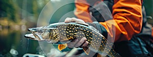 close-up of a fisherman holding a pike in his hands. Selective focus