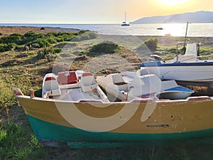 close-up of a fishing boat beached at the sea