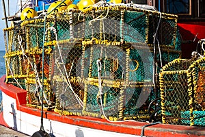 Close-up of fishing boat with fishing baskets