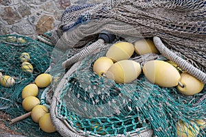 Close up of the fishing net and equipment in the port