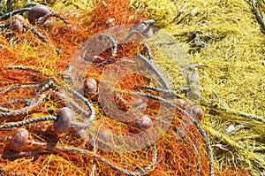 Close-up of fishing net and floats background