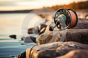 close-up of a fishing reel and line near the lakeshore