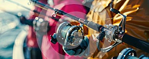 Close-up of fishing rods with reels - Essential gear for anglers at sea