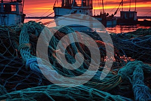 close-up of fishing trawlers nets and ropes at dusk