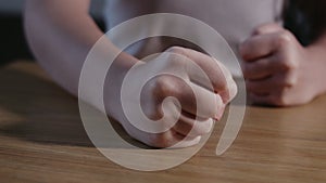 Close up Fist of Angry Child Beats on the Table, Slow Motion. Little Angry Kid Girl, Boy Pounds on the Table. Child