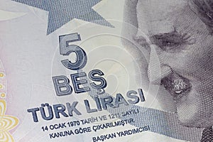close up of five Turkish liras