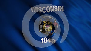 Close-up flag of Wisconsin. Animation. Blue flag with centered image printing state, center of which is inscription in