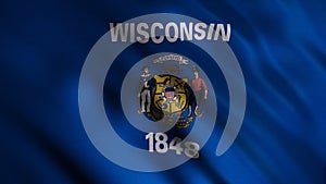 Close-up flag of Wisconsin. Animation. Blue flag with centered image printing state, center of which is inscription in