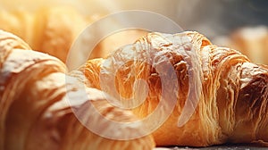 Close up of flaky golden croissants freshly baked in bakery, food background