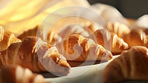 Close up of flaky golden croissants freshly baked in bakery, food background