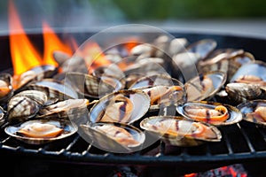close-up of flames licking clam shells on a grill