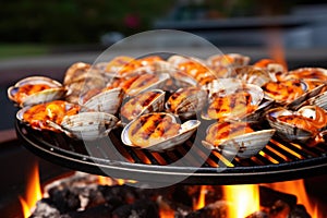 close-up of flames licking clam shells on a grill